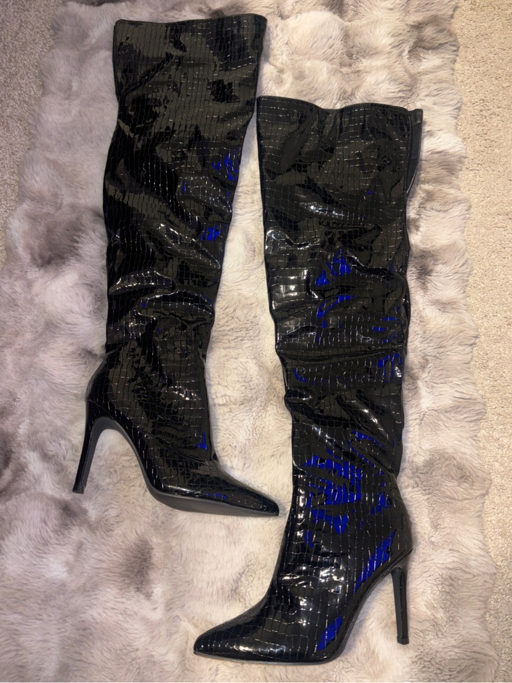 CUCCOO crocodile over the knee pointed toe stiletto heel.